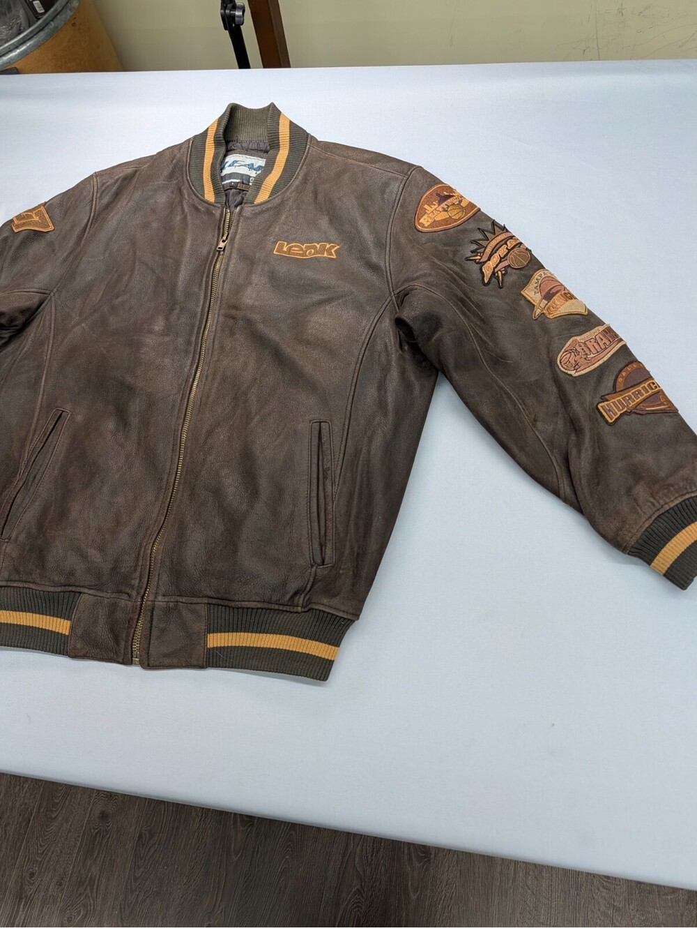 Leak Wear Leather Jacket Brown Size XL Vintage Patch Bomber